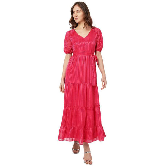 VERO Moda Solid Polyester V Neck Women's Maxi Dress (Pink, XS)
