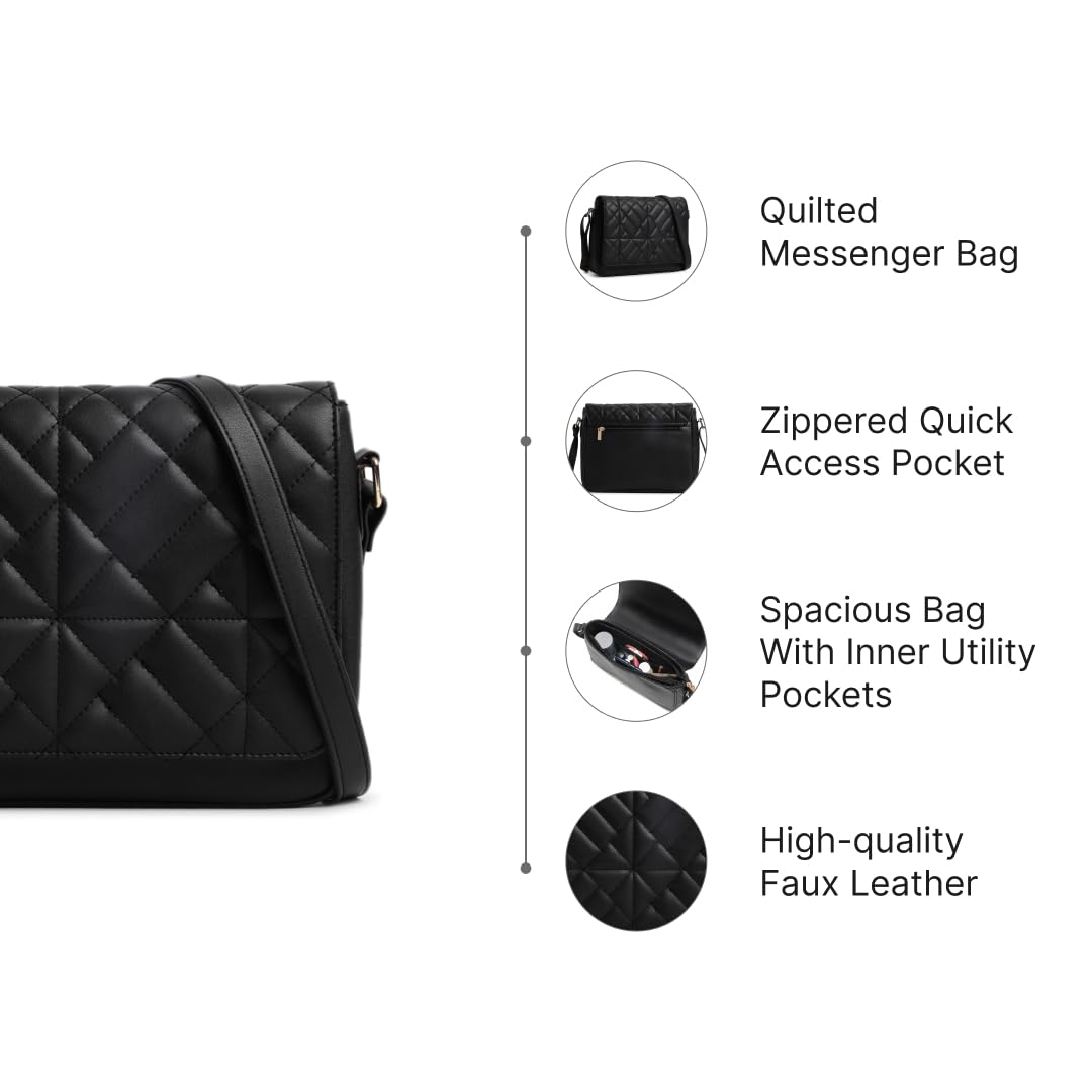 Fastrack Quilted College Messenger Bag For Girls | Made Up Of Premium Faux Leather,black