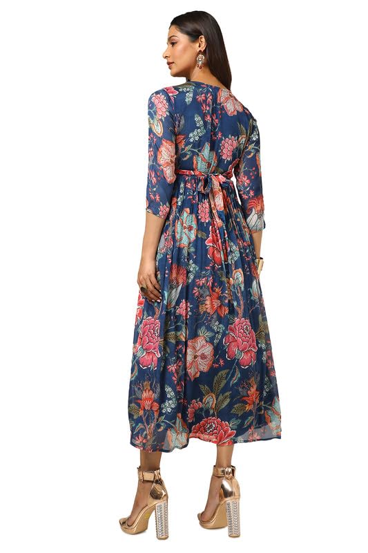 Soch Womens Navy Blue Chinon Floral Gathered Dress with Belt