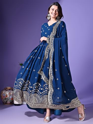 Fashion Basket Faux Georgette Sequins Anarkali Dress for Women (in, Alpha, M, Regular, Turquoise)