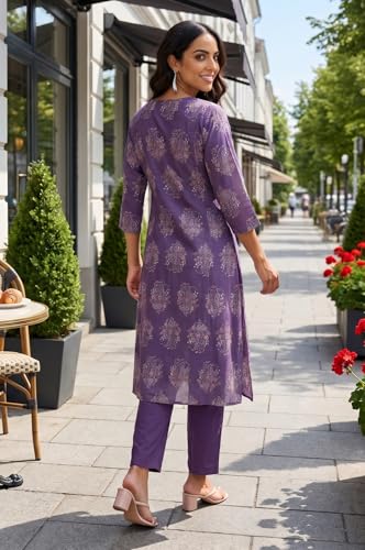 W for Woman Purple Floral Printed Rayon A-Line Kurta with Pants Co-ord Set - (WS14519K-128181-XS)