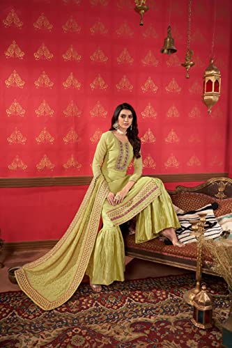 VARNI FABRICS: A lady's First Love Georgette Designer Sharara Suit Set, Light Green with Embroidered Yoke, santoon Palazzo and Dupatta with Sequin Border(Zeeya-Erina-1402)