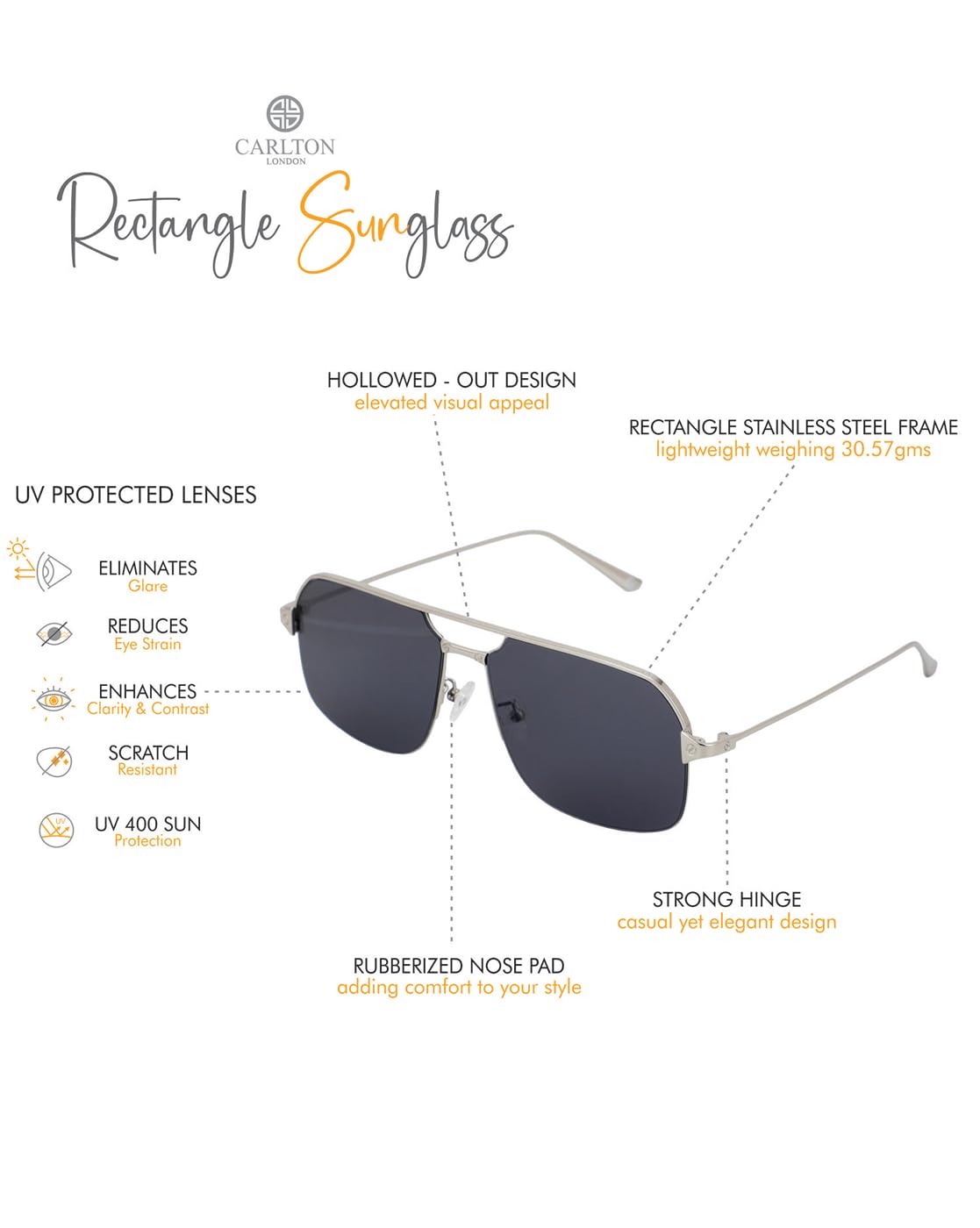 Carlton London Premium Silver with Black Toned & UV Protected Lens Rectangle Sunglass for men