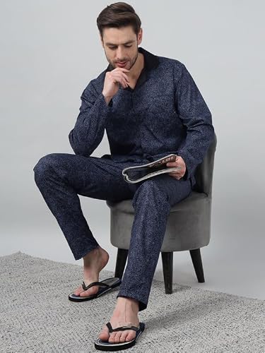 Hancock Men Cotton Printed Night Suit Navy Blue Size XL
