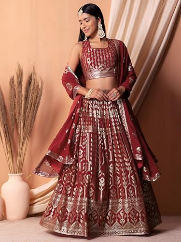Zeel Clothing Women Sequins Thread Embroidered Georgette Semi-Stitched Lehenga Choli With Dupatta (5116-Maroon-Wedding-Stylish-Latest; Free Size)