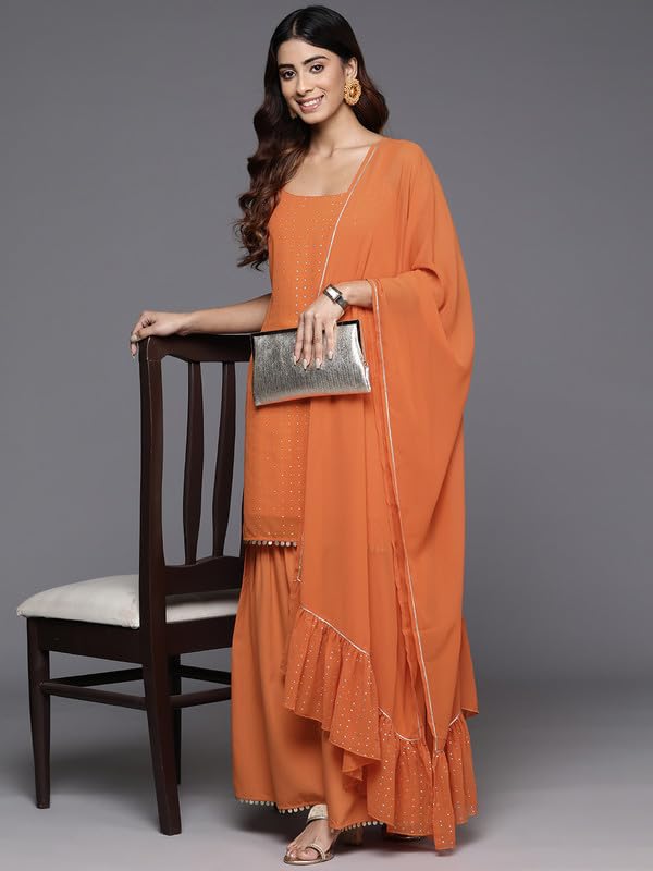 Ahalyaa Women's Polyester Kurta Set (AHKUSHDU-COMBO-907-SS-25_Orange