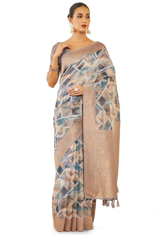 Soch Womens Grey Tussar Silk Saree With Geometric Print And Zari Woven Designs