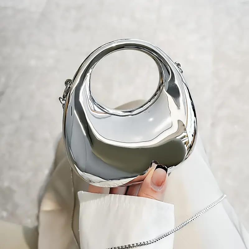 DOSYSO Women and Girls Moon Clutch Purse Acrylic Evening Handbag Crossbody Sling Bags With Detachable Chain Strap Glossy Stylish Latest Small Size Cute Wallet Party Wedding Gift Item (Glossy Silver)