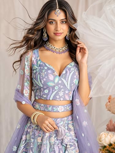 Zeel Clothing Women's Sequins Embroidered Work Soft Net Lehenga Choli With Dupatta (6020-Purple-Women-Lehenga-Choli-New; Free size)