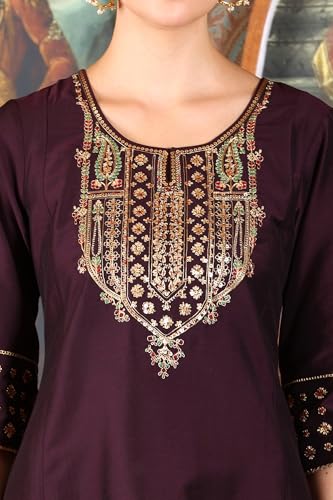W for Woman Purple Solid Zari Embroidered A-Line Blend Kurta with Straight Pant and Dupatta Set (WS11970-222619-XL)