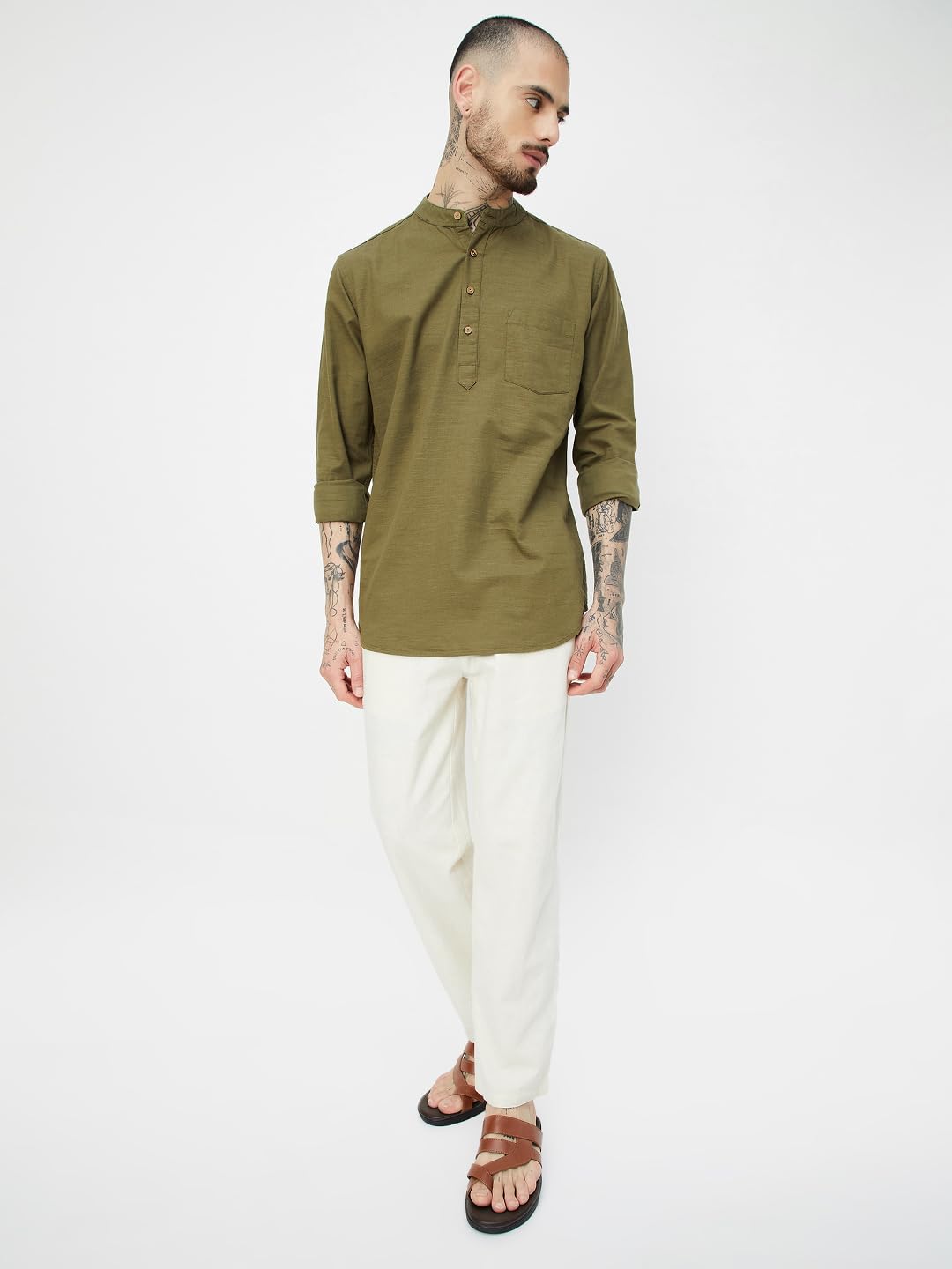 Max Men Solid Slim Fit Short Kurta(Green_S)