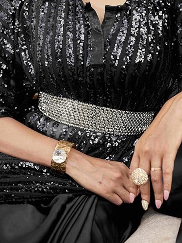 Womanista Women's Belted Satin Kaftan Black Saree With Un-stitched blouse