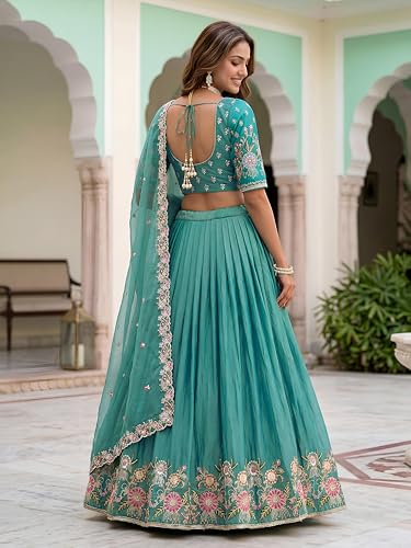 Zeel Clothing Women's Zari Sequins Embroidered Work Crush Silk Lehenga Choli With Dupatta (5138-SkyBlue-Women-Lehenga-Choli; Free size)