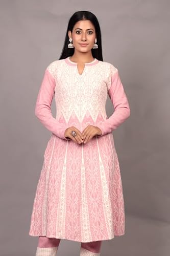 The Zigar Studio Woolen Kurta Set With Pants and Dupatta - Stitched Embroidery Suit Set with Pants and Dupatta-Floral Embroidery Woolen Kurta Set for Women Pk-Fullhair-Pink-L