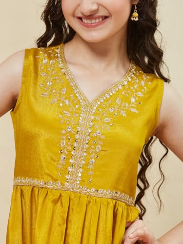 CURLY TALES ALPHA Girls Mustard Yellow Sharara Set with Sleeveless Embroidered Kurti | Traditional Indian Dress for Kids | Ethnic Festive Outfit with Gota Lace for Weddings & Celebrations