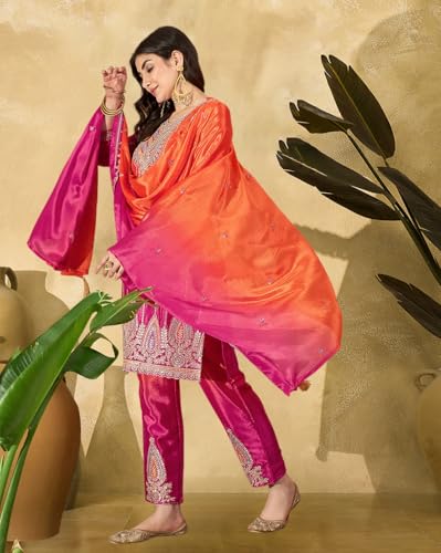 SheWill Rani & Orange Poly Chinon Kurta with Zari, Sequence, Thread & Cording Embroidery, Paired with Pant and Dupatta – A Vibrant Set SHEKS20006_S2P_A
