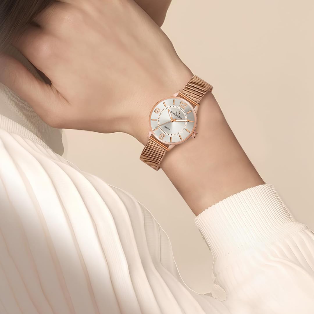 Carlington Stainless Steel Analog Dial Women & Girl's Watch- Elite 2020 (Rose White), Rose Gold Band