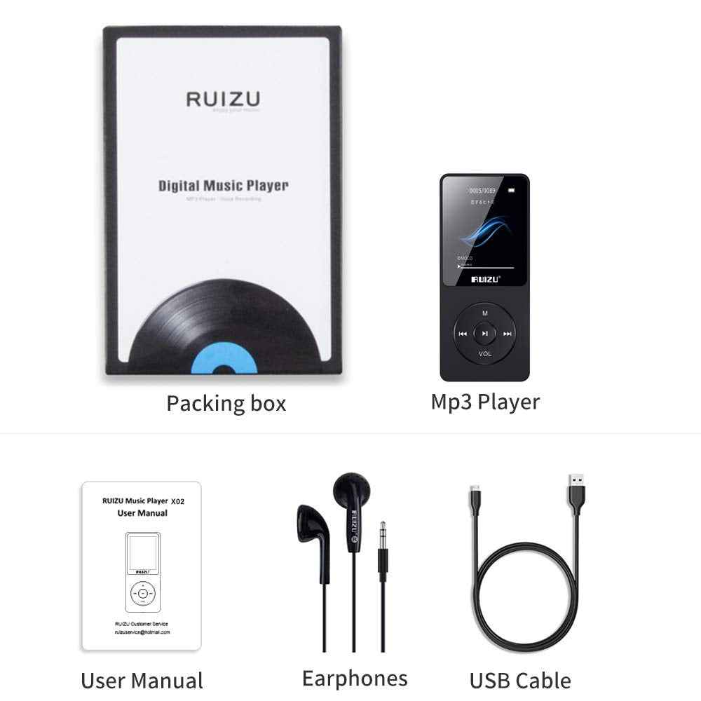 RUIZU X02 8 GB Ultra Slim Mp3 Music Player with FM Radio, Voice Recorder, Video Play, Text Reading, 80 Hours Playback and Expandable Up to 128 GB (Black)