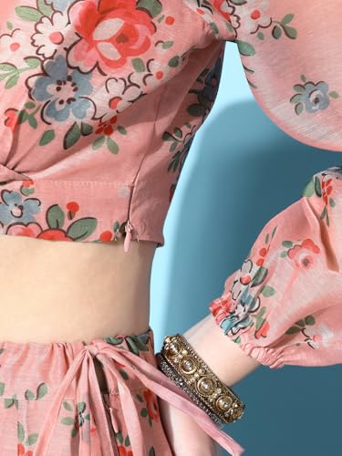 Peach Floral Wrap Crop Top With Anarkali Skirt