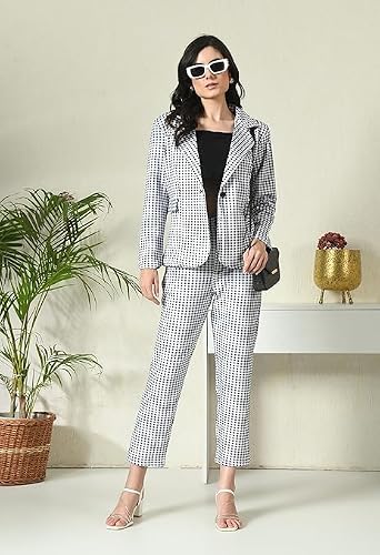 OFFICE PURPLE Women Printed Blazer Pant Set- Women's Casual Office Business 3-Piece Printed Suit, Single-Breastered Blazer Camisole and Pant Set (Black and White, M)