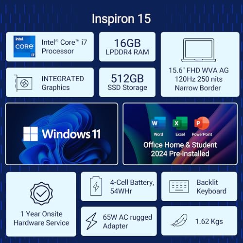 Dell Inspiron 3530, Intel Core i7 13th Gen - 1355U, 16GB RAM, 512GB SSD, FHD 15.6"/39.62 cm, Windows 11, Office H&S 2024, Silver, 1.62kg, Backlit KB, M365, 15 Month McAfee, Thin & Light Laptop