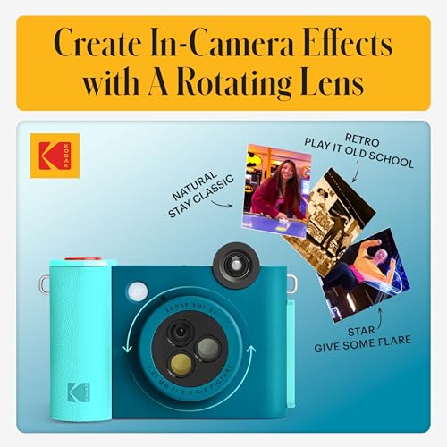 KODAK Smile+ 2-in-1 Digital Instant Camera & Photo Printer Starter Bundle - Deluxe Case + Zink 20pk Paper - 10MP, Rotating Lens - Blue