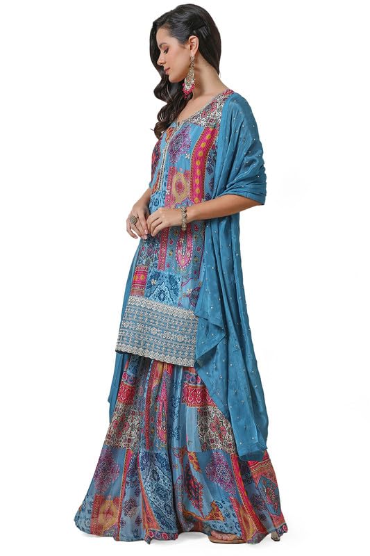 Soch Womens Powder Blue Ethnic Motifs Print Chinon Suit Set