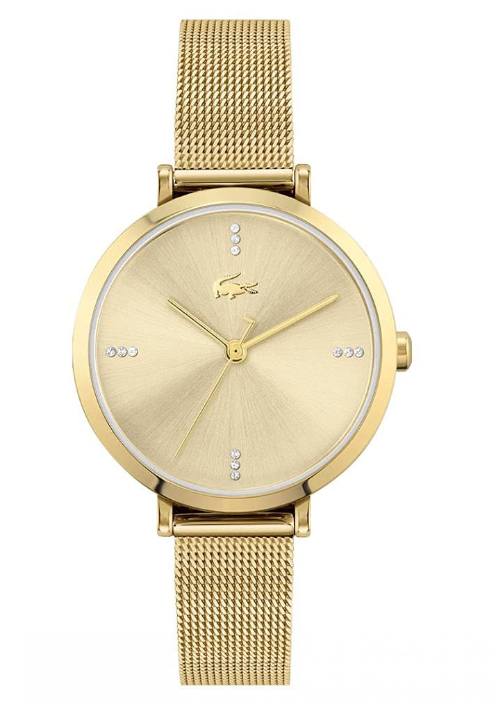 Lacoste Geneva Qtz Basic White Round Dial Women's Watch|Ionic Plated Thin Gold Steel Material|Gold Color Band - 2001166