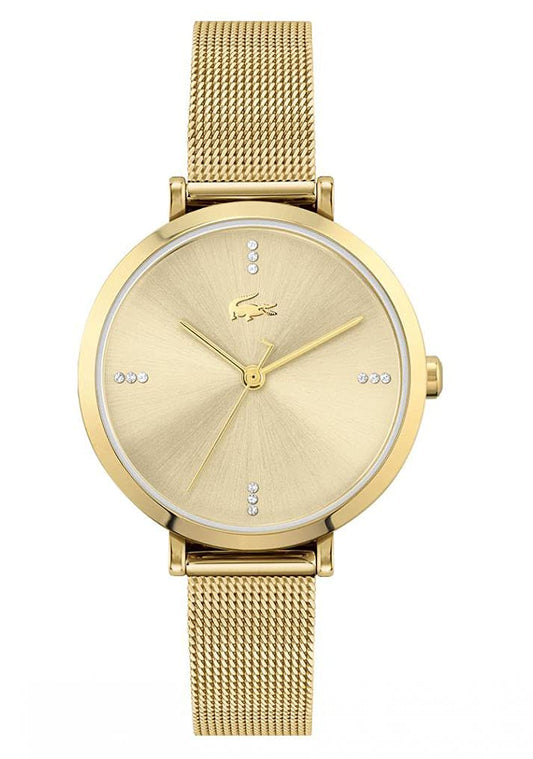 Lacoste Geneva Qtz Basic White Round Dial Women's Watch|Ionic Plated Thin Gold Steel Material|Gold Color Band - 2001166