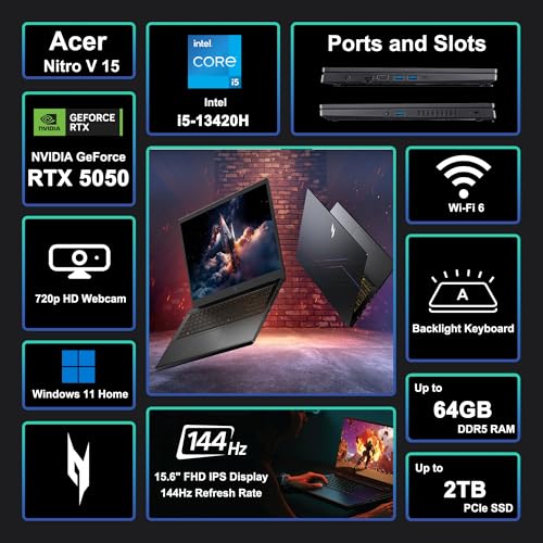 acer Nitro V 15 Gaming Laptop 15.6" FHD IPS 165Hz Intel 8-core i5-13420H 16GB RAM 512GB SSD GeForce RTX 5050 GDDR7 DLSS4 (Up to 440 AI Tops) Backlit Thunderbolt WiFi6 Win11 ICP Hub