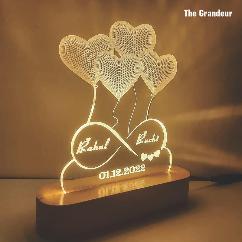 THE GRANDEUR 3D Illusion LED Lamp | Warm White (8x6 Inch) | Customized Name, Date | Best Gift for Wedding, Anniversary, Birthday, Valentine's Day for Husband Wife Couple Girlfriend Boyfriend