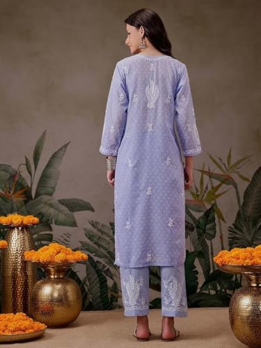 Ada Women Cotton Straight Fit Hand Embroidered Lucknowi Chikankari Mauve Kurta with Pant Co-Ord Set A811298 (XL)