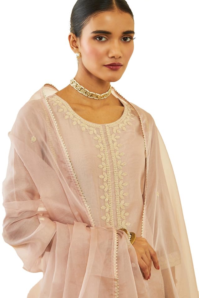 Soch Womens Onion Pink Chanderi Thread Embroidered A-Line Suit Set with Dupatta