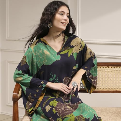 Biba Women's Rayon Printed Regular Kurta (EXPN30403AW25CHAR_Charcoal