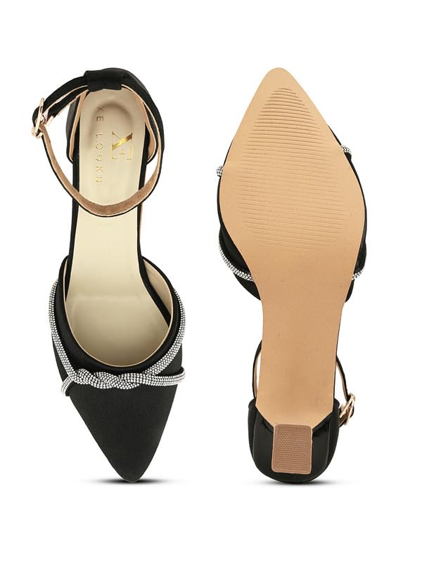 XE Looks Black Women's Fashion Sandals | Faux Leather Attractive and Stylish Block Heel | or Wedding Occasion | For Women & Girls