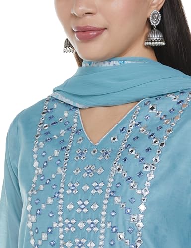 BIBA WOMEN EMBROIDERY NARROW SALWAR KURTA DUPATTA(SKD7402E_POWDER BLUE_40)