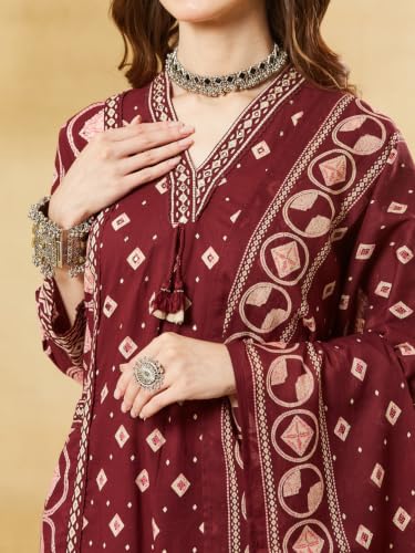 Divena Maroon Cotton V-Neck A-Line kurta Pant set With Dupatta