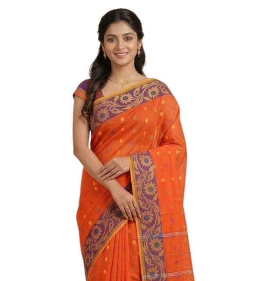 eC ESHA'S COLLECTION Women's Traditional Pure Cotton Temple Par Tant Saree Without Blouse Piece (Saffron)
