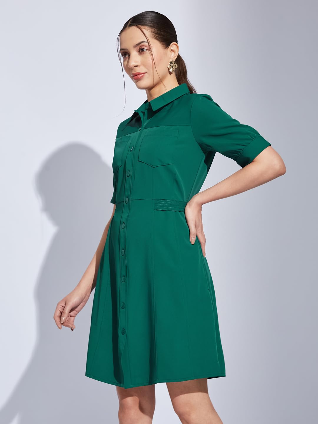 Latin Quarters Women Green Collared Half Sleeves Solid A-Line Shirt Dress for Casual Wear