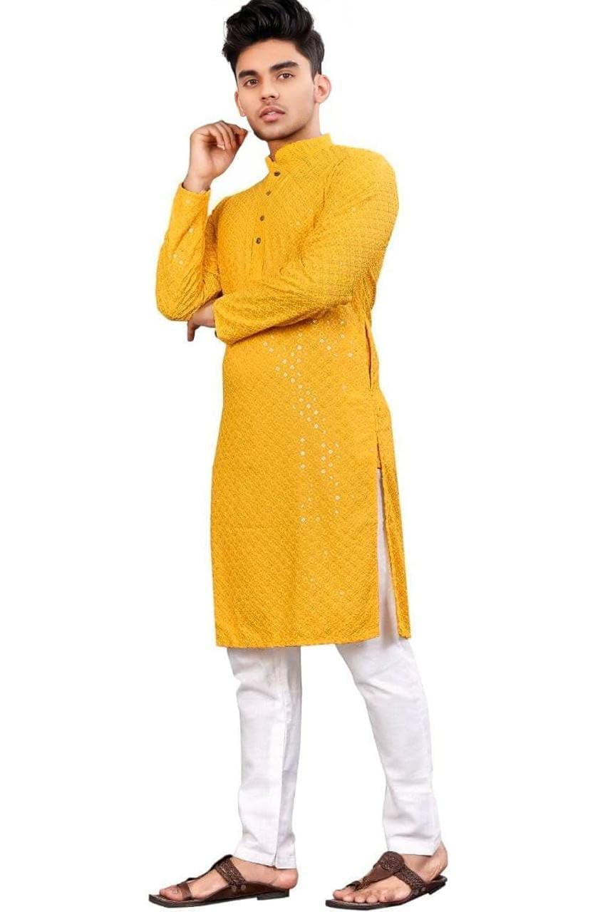 Trustous Silk Men's Indian Ethnic Wear Straight Fit Lucknowi Kurta Yellow, Large