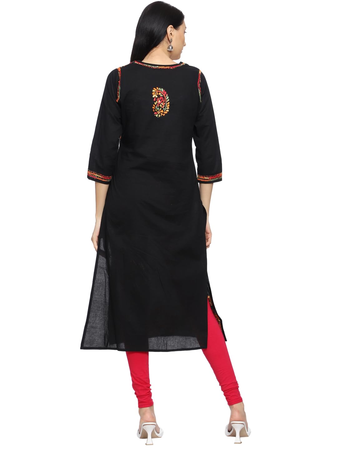 Ada Lucknowi Chikankari Hand Embroidered Straight Black Cotton Regular Fit Kurta Kurti Tunic For Women A188048 (L)