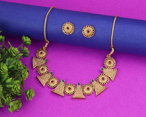 CUTE GOLD Antique Oxidised Plating Necklace With Earring For Women and Girls | Antique Temple Necklace Set for Women & Girls (AN-337)
