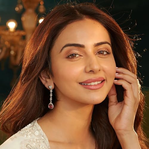 ACCESSHER Silver-Tone Teardrop Dangle Earrings Set | Studded American-Diamond Earrings with Heart-Shape | Lightweight Earrings for Girls and Women (Pink)