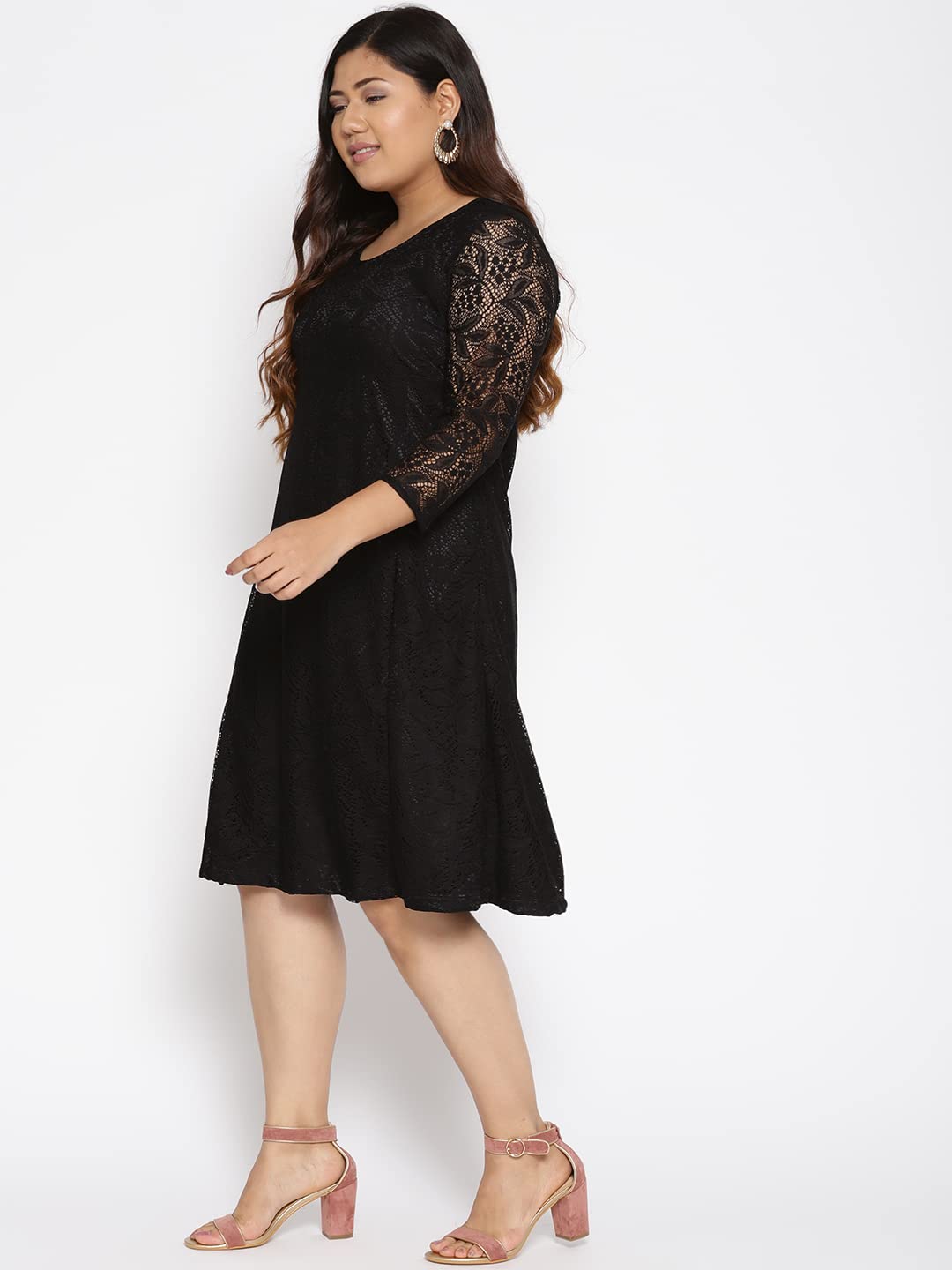 The Pink Moon Women's A-Line Knee Length Plus Size Floral Lace Party Dress (TIMD014K_Black_2XL)