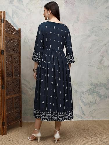 Vishudh Women 3/4 Sleeve V-Neck Dress VPa1000206 Blue M