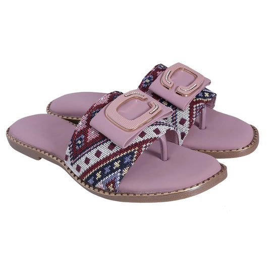 Pluxh Women Printed Toe-Ring Slip-On Sandals with Decorative Buckle | Cushioned Ethnic Casual Flats for Daily |5UK