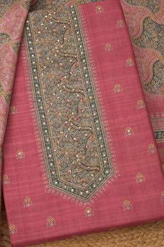 Soch Womens Blush Pink Art Tussar Floral Print Unstitched Dress Material With Sequins