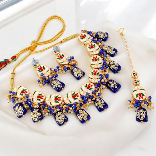 Lucky Jewellery 18K Gold-Plated Back Meenakari Kundan Necklace | Elegant Blue Color Necklace Set for Women & Girls (1110-J5SK-1633-B)