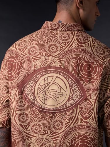 The Souled Store Marvel: Doctor Strange Men and Boys Short Sleeve Spread Collar Brown All Over Printed Casual Trendy Easy to Style Drop Shoulder Streetwear Cotton Oversized Shirt