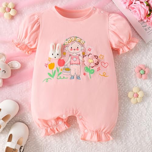 Hopscotch Baby Girls Graphic Print Short Sleeves Pink Rompers For Ages (6-9 Months)